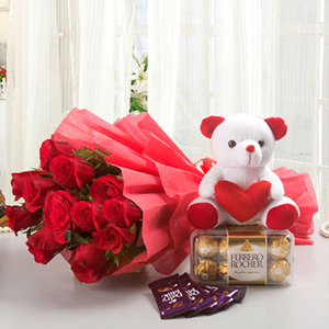 Majestic Red Roses with Teddy N Ferrero Rocher