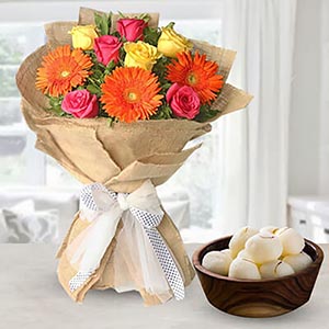 Mixed Flowers Bouquet with Rasgulla for Valentines Day