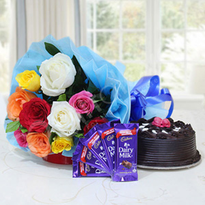 Mixed Rose Flowers with Chocolate Cake N Dairy Milk