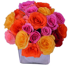 Multicolored Roses in Glass Vase