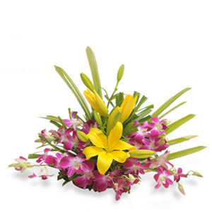 Mystical Yellow Lily N Orchid Flower Basket