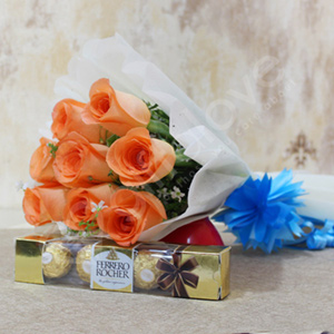Orange Roses with Ferrero Rocher Chocolates 