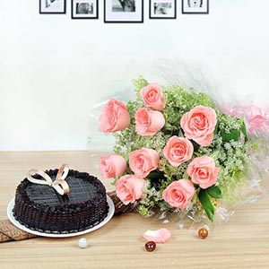 Peach Roses with Chocolate Cake for Valentines Day