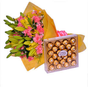 Pink Carnations N Yellow Lilies with Ferrero Rocher