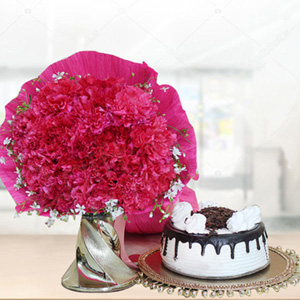 Pink Carnations with Black Forest Cake 