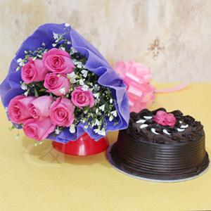 Pink Rose Flowers with Chocolate Cake 
