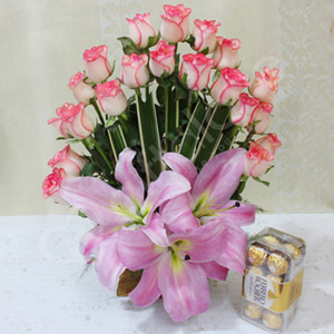 Pink Roses N Purple Lilies with Ferrero Rocher 