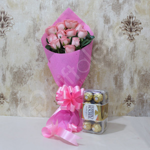 Pink Roses with Ferrero Rocher Chocolates