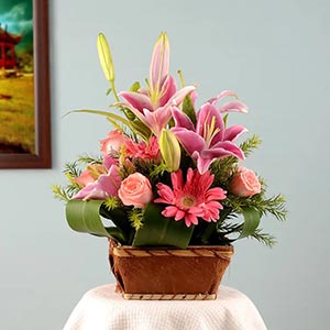 Pink Roses with Gerberas and Lilies in Basket