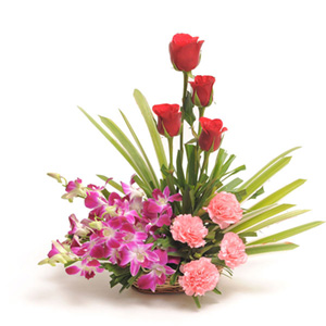 Pleasing Mixed Flowers Basket Arrangement 