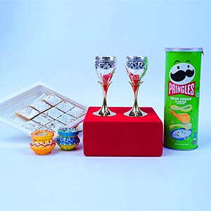 Premium Silver Plated Wine Glass Set with Kaju Katli Pringles and Decorative Diyas