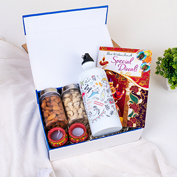 Printed Steel Bottle with Dry Fruits Corporate Gift Hamper for Diwali