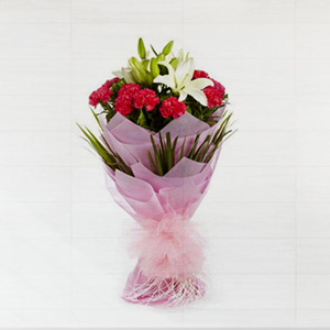 Red Carnations & Lily Bouquet