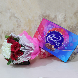 Red N White Roses with Celebrations Pack