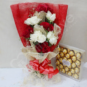 Red N White Roses with Ferrero Rocher