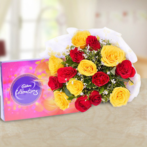 Red N Yellow Roses with Cadbury Celebrations
