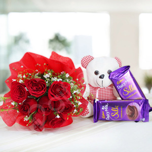 Red Roses with Dairy Milk Silk N Teddy