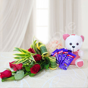 Roses with Teddy N Chocolates 