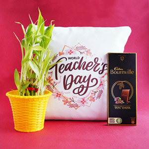 Teachers Day Cushion with Chocolate and Bamboo Plant