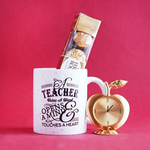Teachers Day Mug with One Apple Clock and Ferrero Rocher