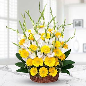 White Gladioli and Yellow Gerberas Basket