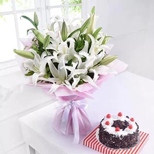 White Lily Bouquet with Cake for Valentines Day 