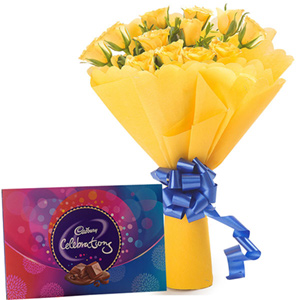Yellow Roses Bouquet with Cadbury Celebrations Box