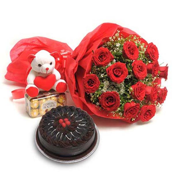 Send Sweet Red Roses & Chocolate Cake Hamper Online