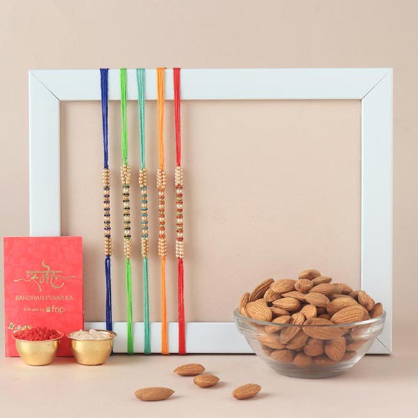 Send Sneh Colourful Pearl Rakhi Set & Almonds Online