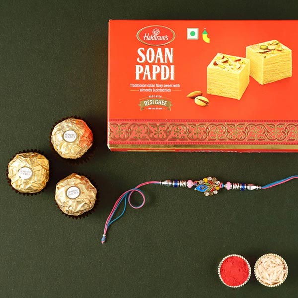 Send Sneh Stunning Rakhi With Soan Papdi & Ferrero Rocher Online