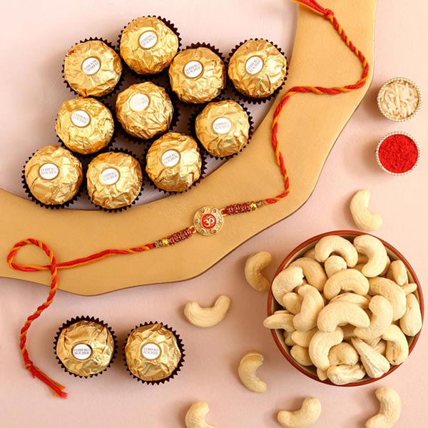 Send Sneh Om Rakhi With Cashews & Ferrero Rocher Online
