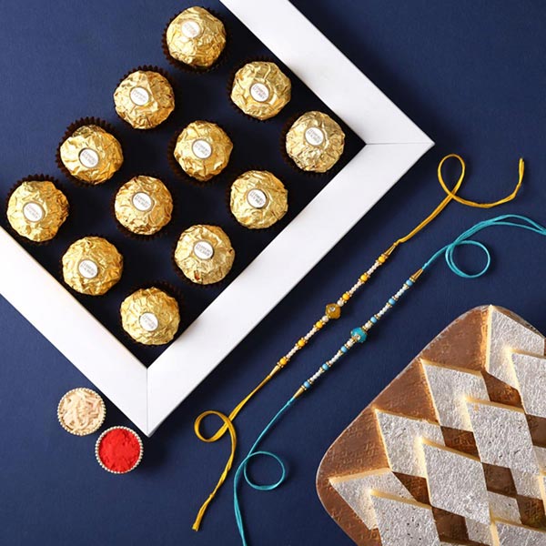 Send Sneh Pearl Rakhis With Kaju Katli & Chocolate Box Online