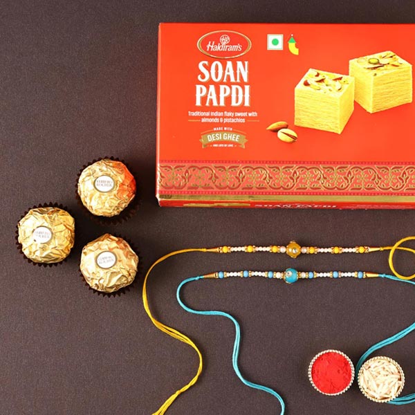 Send Sneh Pearl Rakhis With Soan Papdi & Chocolates Online