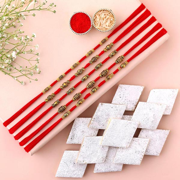 Send Sneh Classic Brass Rakhi Set & Kaju Katli Online
