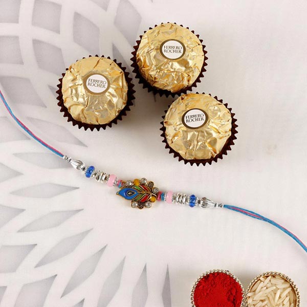 Send Sneh Designer Peacock Rakhi & Ferrero Rocher Online