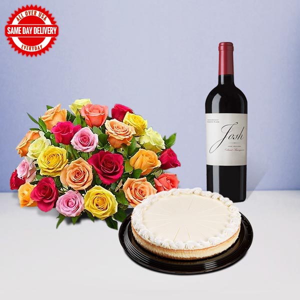 Send 2kg Cheesecake, 24 Roses with Red Wine Online