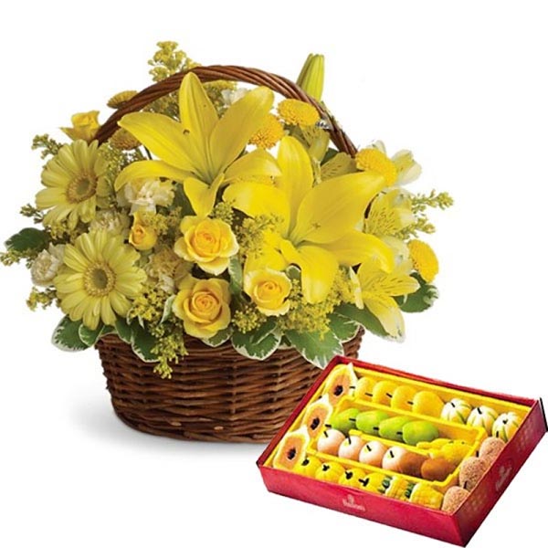 Send Adorable Basket of Yellow Flowers with Sweet Box Online