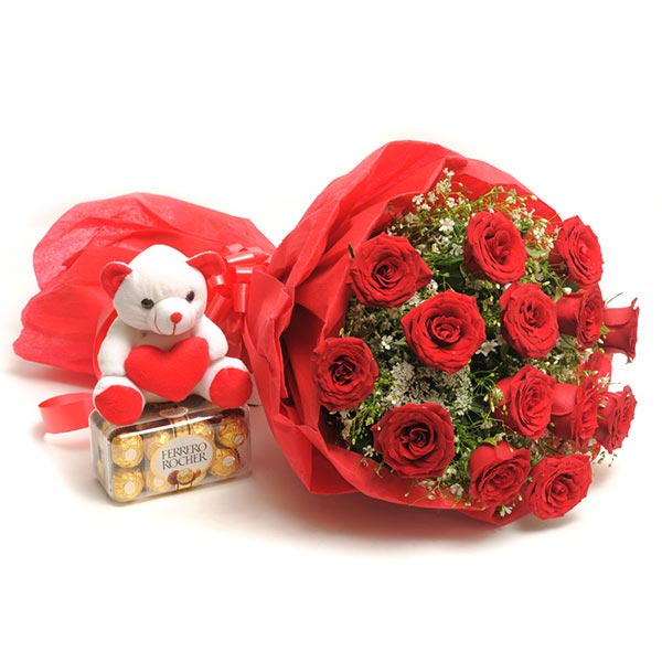 Send Bouquet of Budding Red Roses with Teddy Combo Online