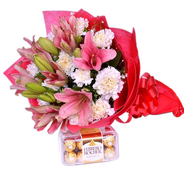 Send Bouquet of Lilies N Carnations with Ferrero Rocher Online