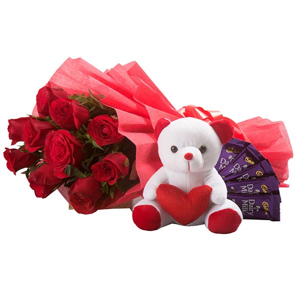 Send Bright Red Roses with Chocolates N Teddy Online