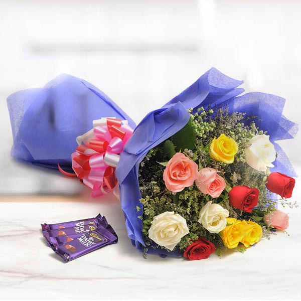 Send Bunch of Mix Roses with Four Dairy Milk Online