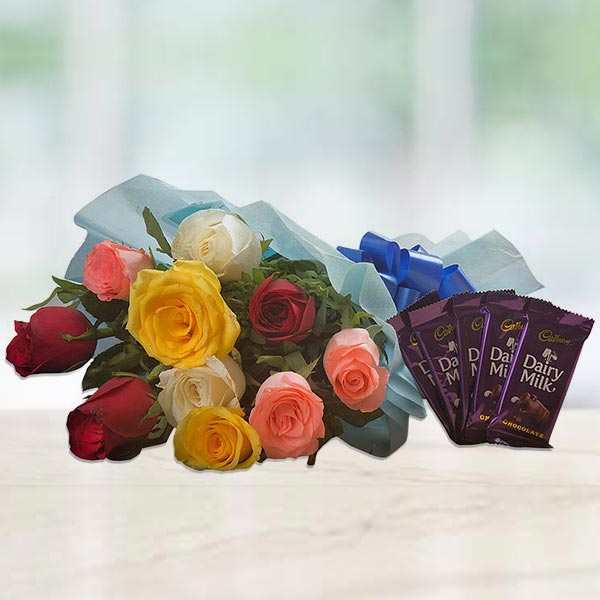 Send Bunch of Ten Mixed Roses N Dairy Milk Online