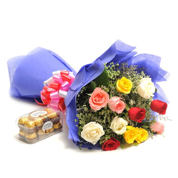 Send Cheerful Mixed Roses with Ferrero Rocher Online