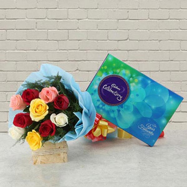 Send Colorful Mix Roses Bouquet with Celebrations Box Online
