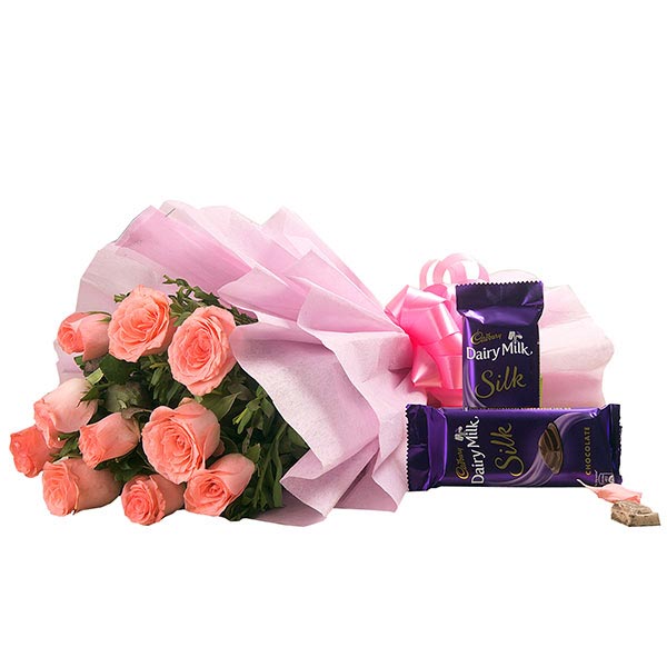 Send Elegant Pink Roses with Dairy Milk Silk  Online