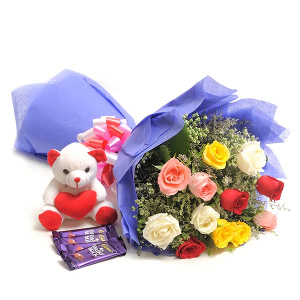 Send Glorious Mix Roses with Chocolates N Teddy Online