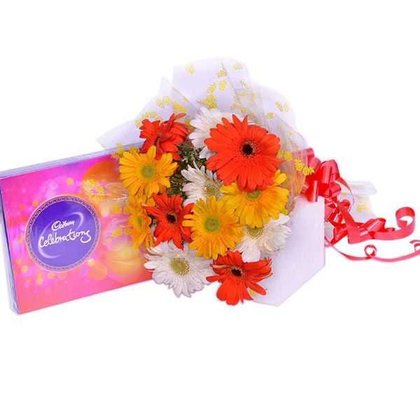 Send Mix Gerberas with Cadbury Celebrations Box  Online