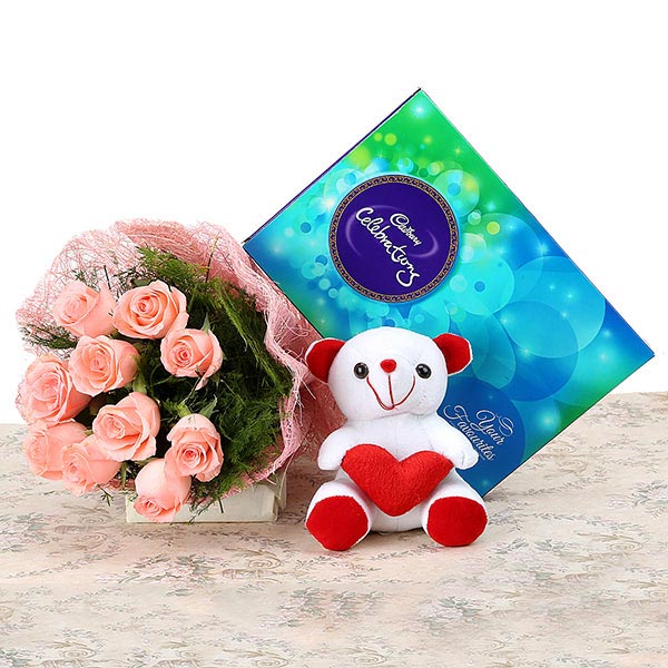 Send Pastel Pink Roses with Teddy N Celebrations Pack Online