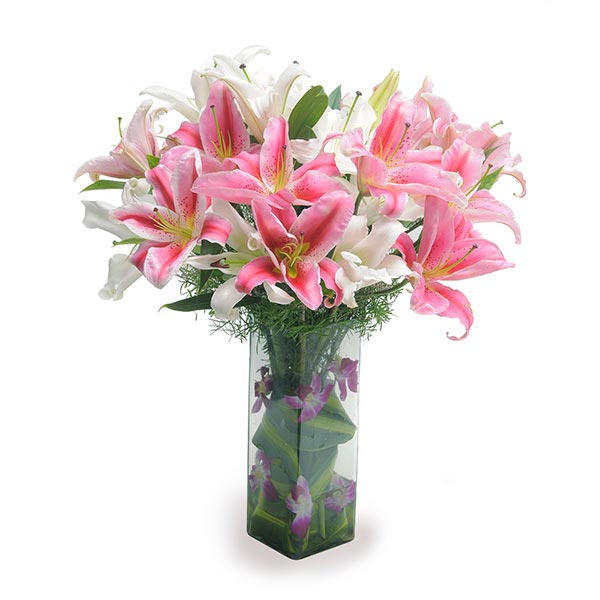 Send Pink and White Oriental Lilies Glass Vase Arrangement Online