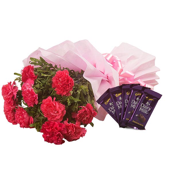 Send Pink Carnation Bouquet with Dairy Milk Chocolates Online
